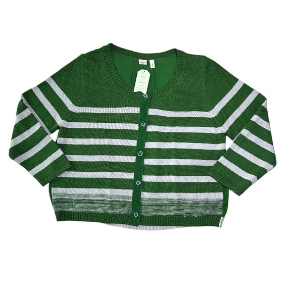 $129 Anthropologie Smooth Back Cardigan Large 10 12 Green White Striped Sweater - Picture 8 of 14
